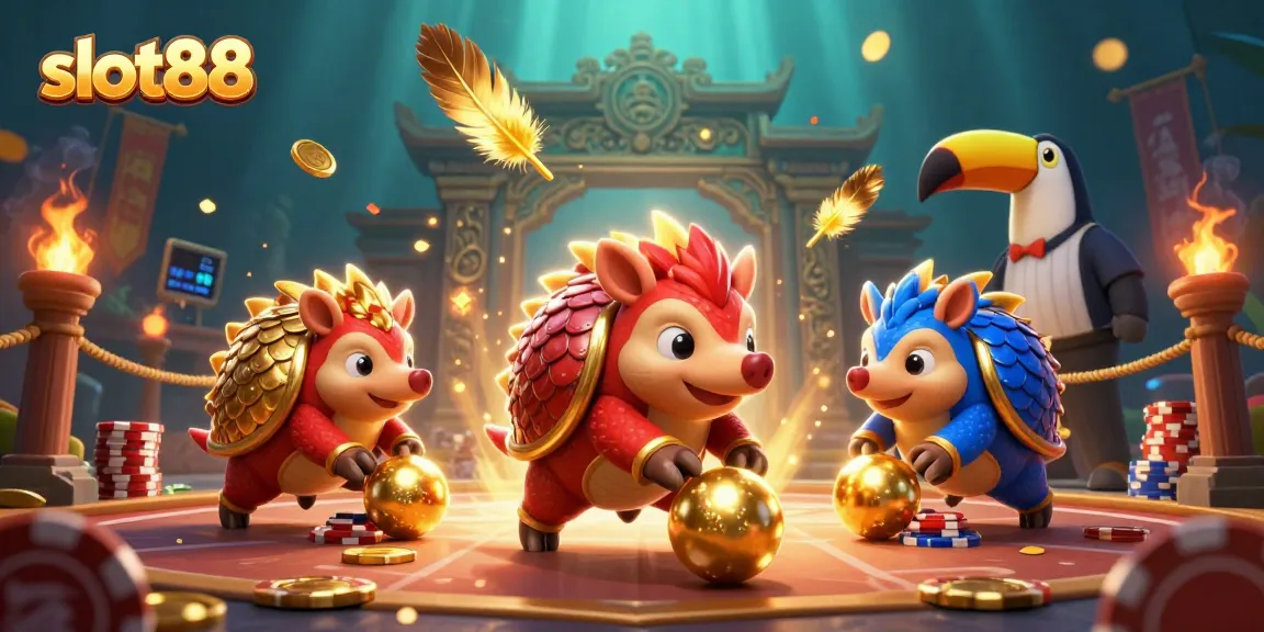 Menggulung bola emas seperti slot88, pangolin berperang di arena perjudian penuh warna dan kasino.
