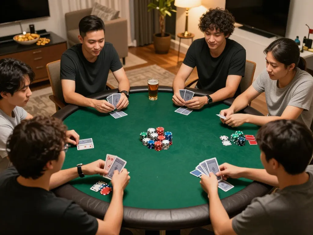 Playing lô đề trực tuyến with friends at a lively home poker night.