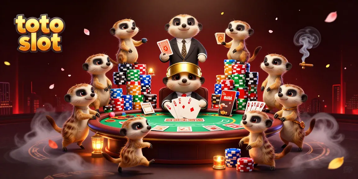 Experience the thrilling world of toto slot with playful meerkats managing a vibrant casino scene.