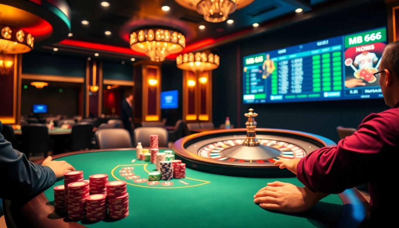 Experience high-stakes poker excitement at MB66's luxurious casino setting.