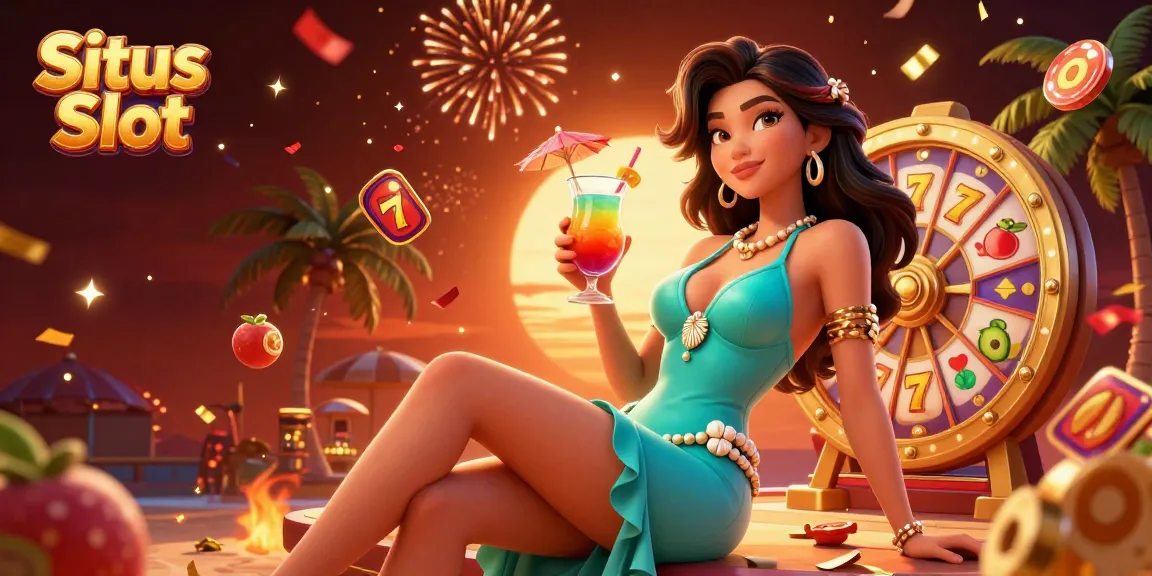 Situs Slot offers engaging gameplay depicted in a vibrant 3D illustration with slot reels, lucky 7s, and celebratory elements.