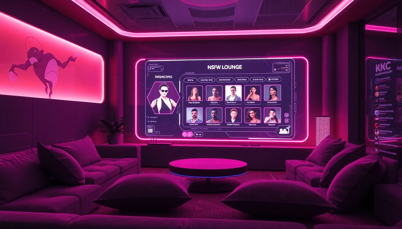 Futuristic NSFW character AI lounge with cozy furniture and digital screens.