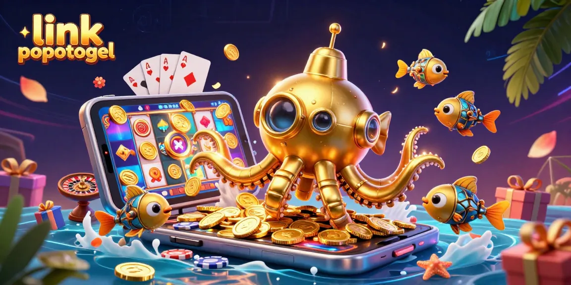 Experience excitement with link popotogel featuring a golden kraken amidst casino symbols and vibrant colors.