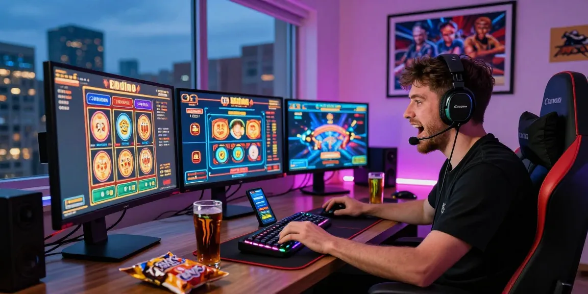 Betebet online gambling scene with gamer playing on multiple screens, showcasing vibrant casino graphics and energetic atmosphere.