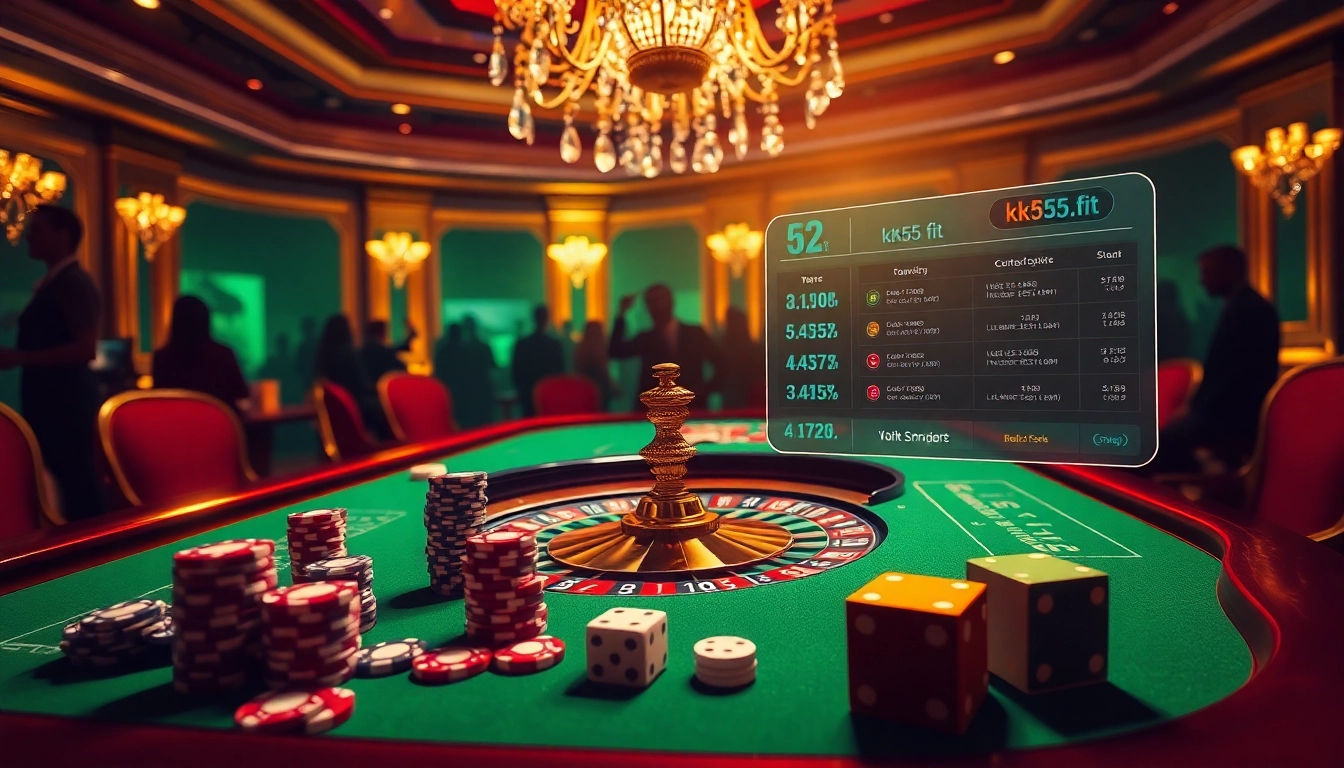 Feature a lively casino scene highlighting engaging gameplay at 'kk55.fit' with poker chips and dice.