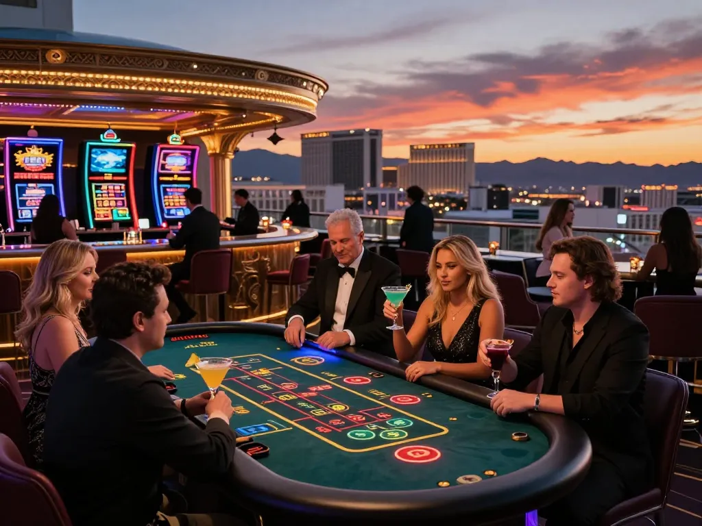 88vv players enjoying thrilling games in upscale Vegas casino bar under vibrant sunset.