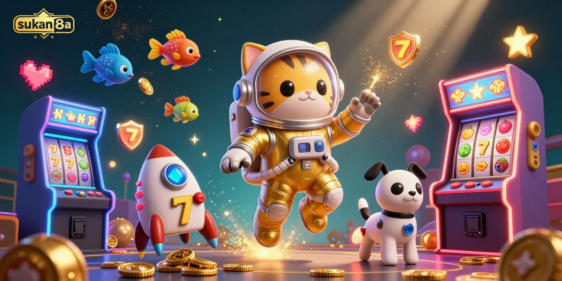 Sukan8a engages players with glowing slot machines, a space cat astronaut, and alien fish in a stellar casino scene.