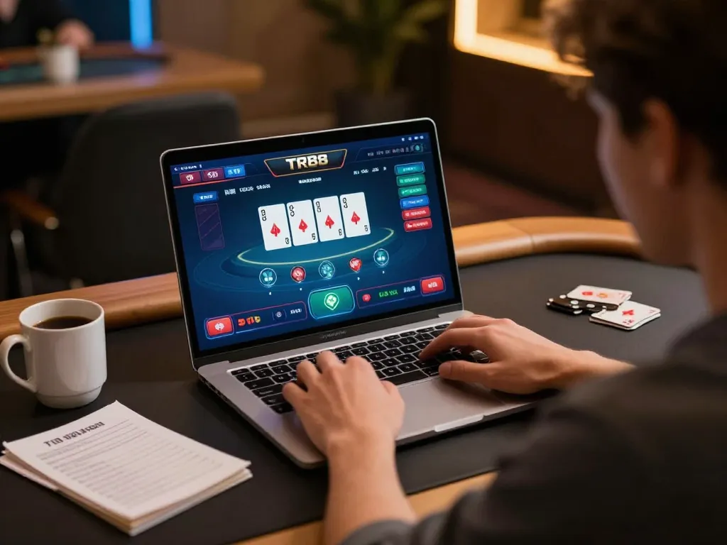 Player engaged in online TR88 poker game with strategy notes on desk