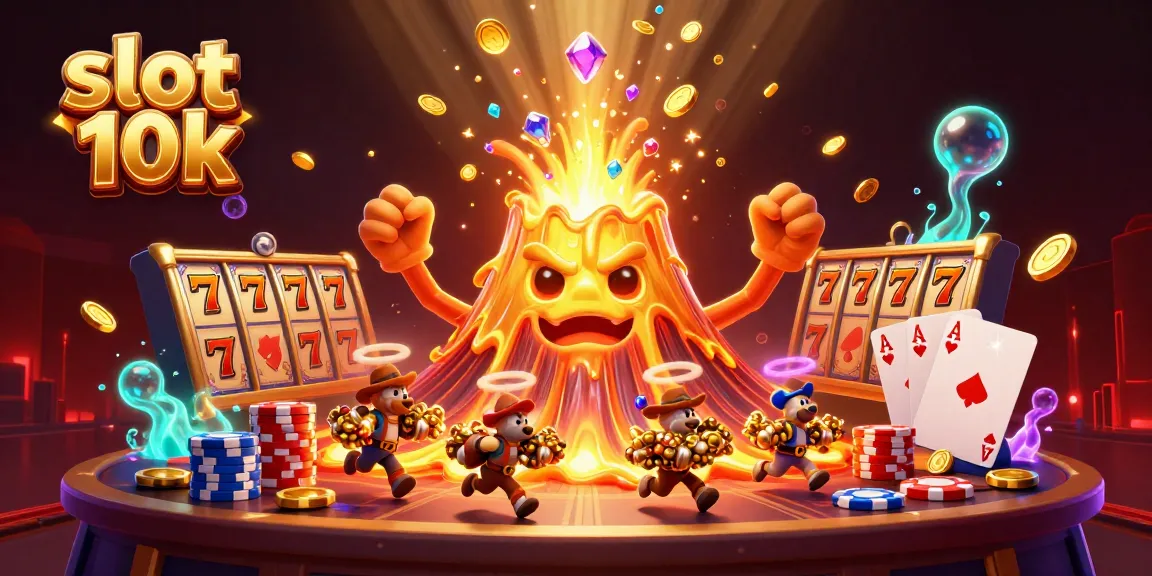 Spin the reels in the vibrant slot 10k scene with a golden volcano erupting treasures.
