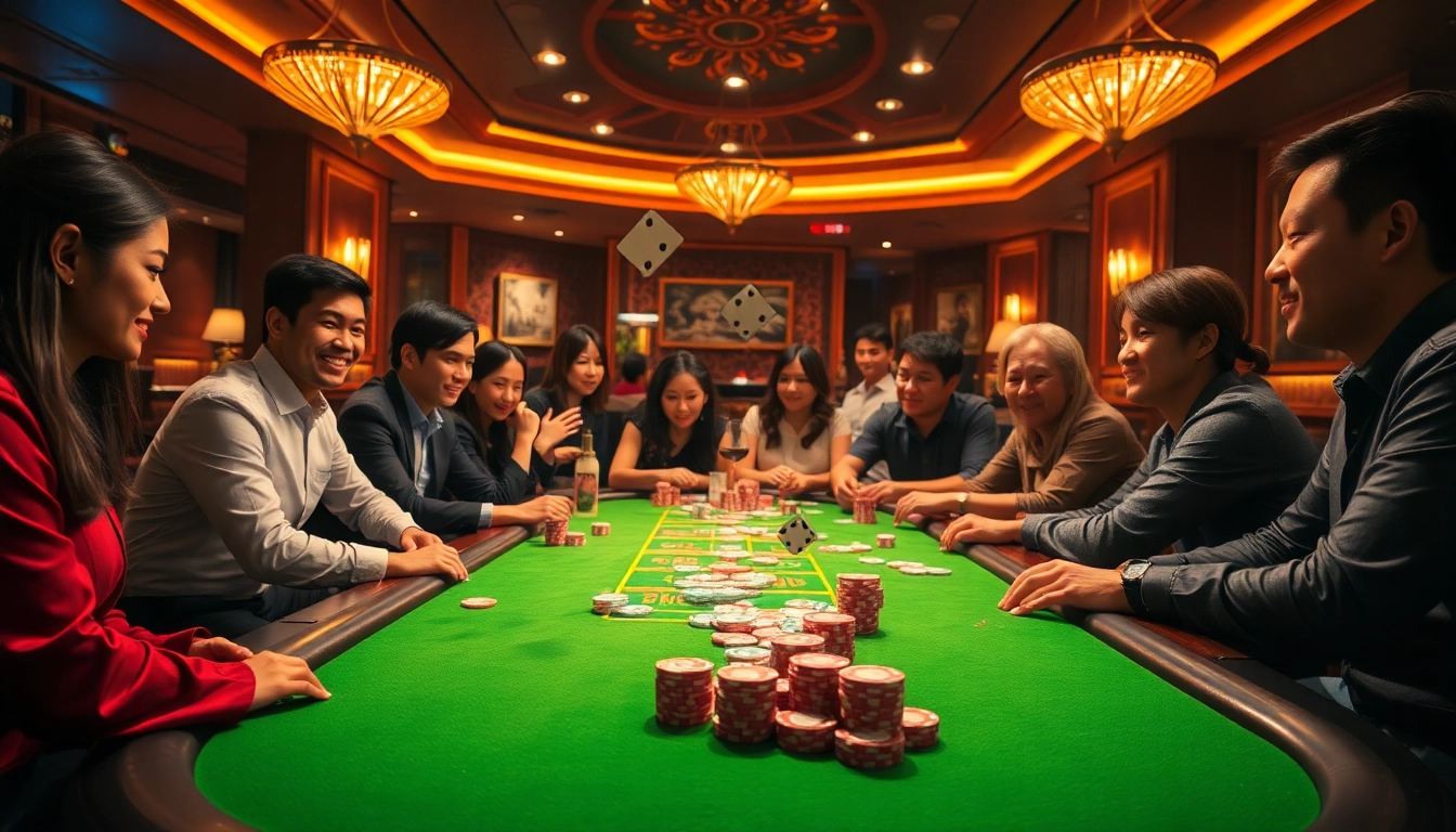 Engaged players enjoying tai xiu online at a vibrant casino table with dice and poker chips.