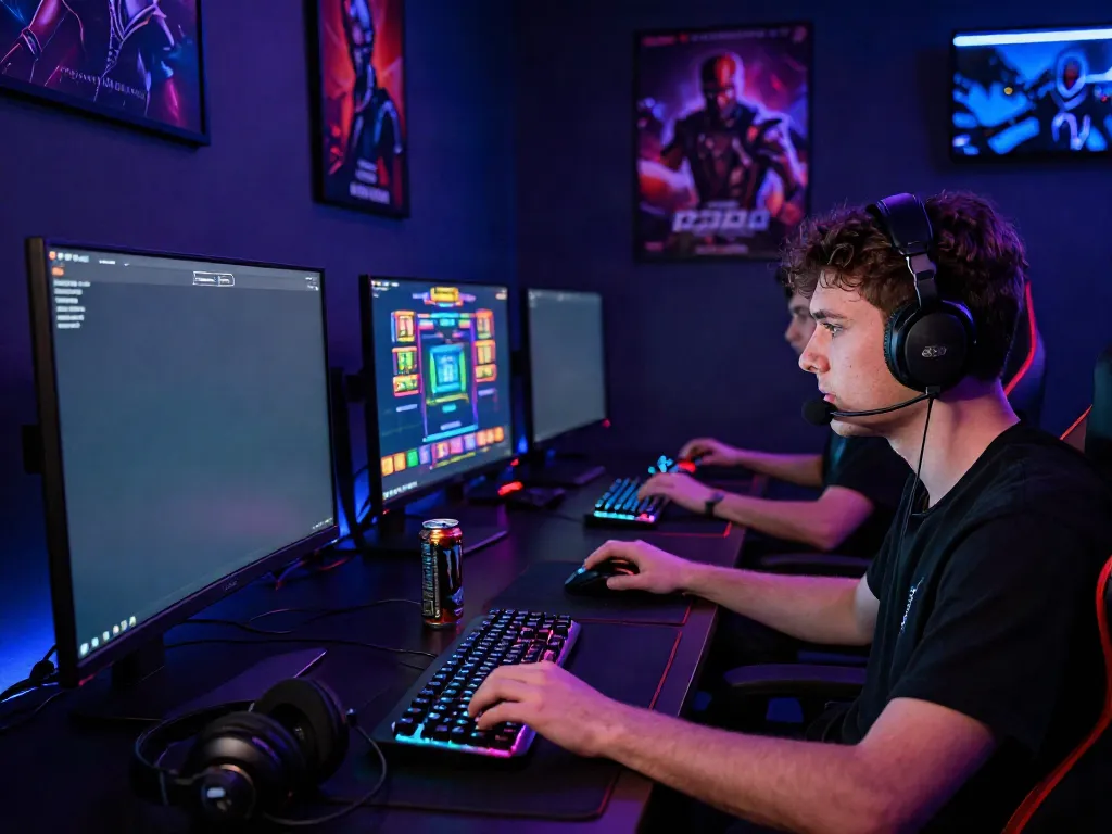 A gamer engaging with akunjp's online slot games in a vibrant gaming setup.