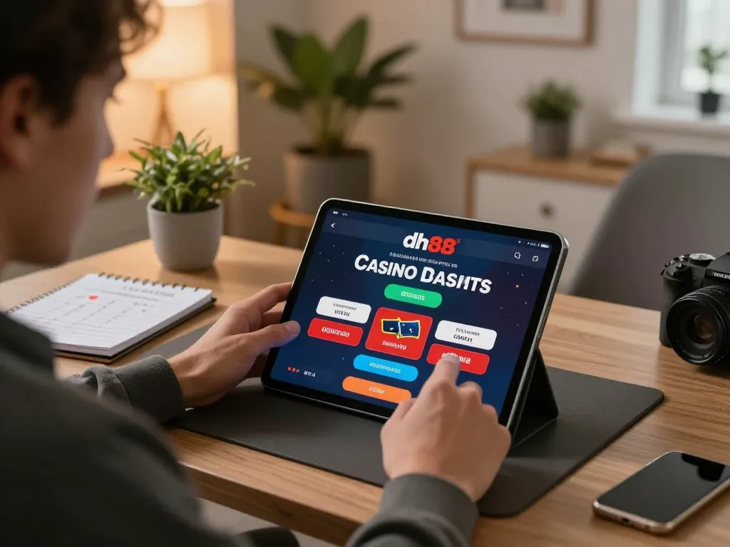 Person enjoying dh88 casino app on tablet in a cozy home office setting, highlighting responsible gaming.