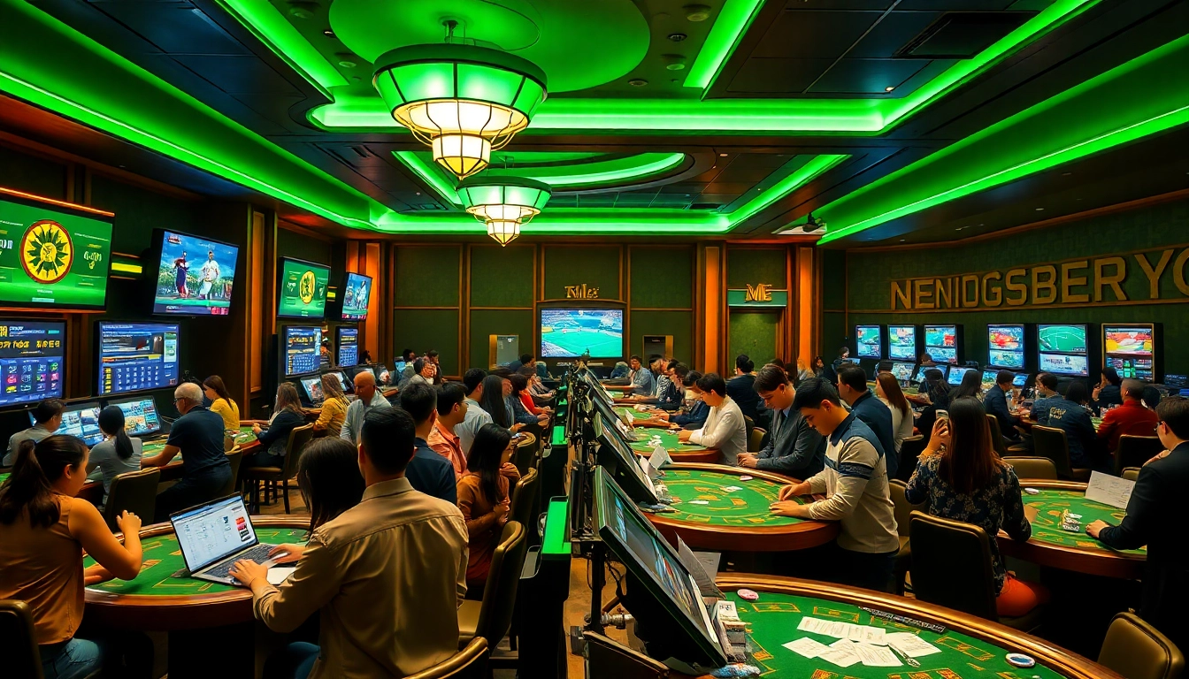 Engaging scene featuring players applying เทคนิคแทงบอล strategies in a vibrant casino sports betting area.