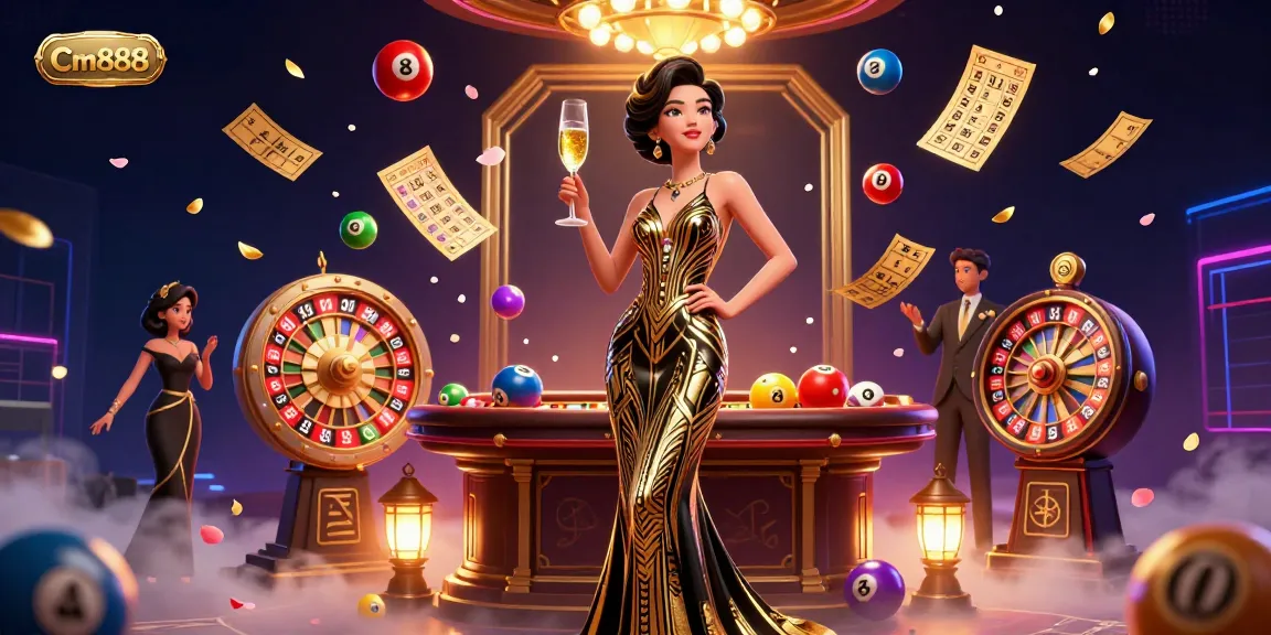 Experience the exciting casino world with Cm888, where vibrant lottery balls and prizes animate the glamorous setting.