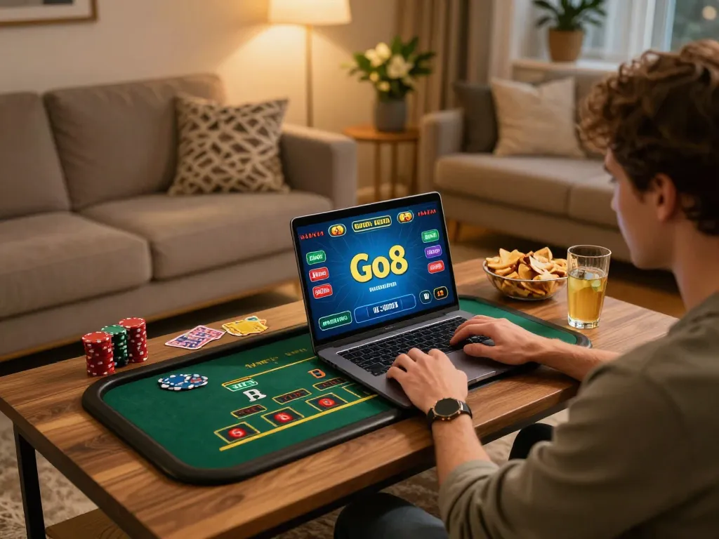 Player enjoying Go8 online gaming on laptop with live dealer action