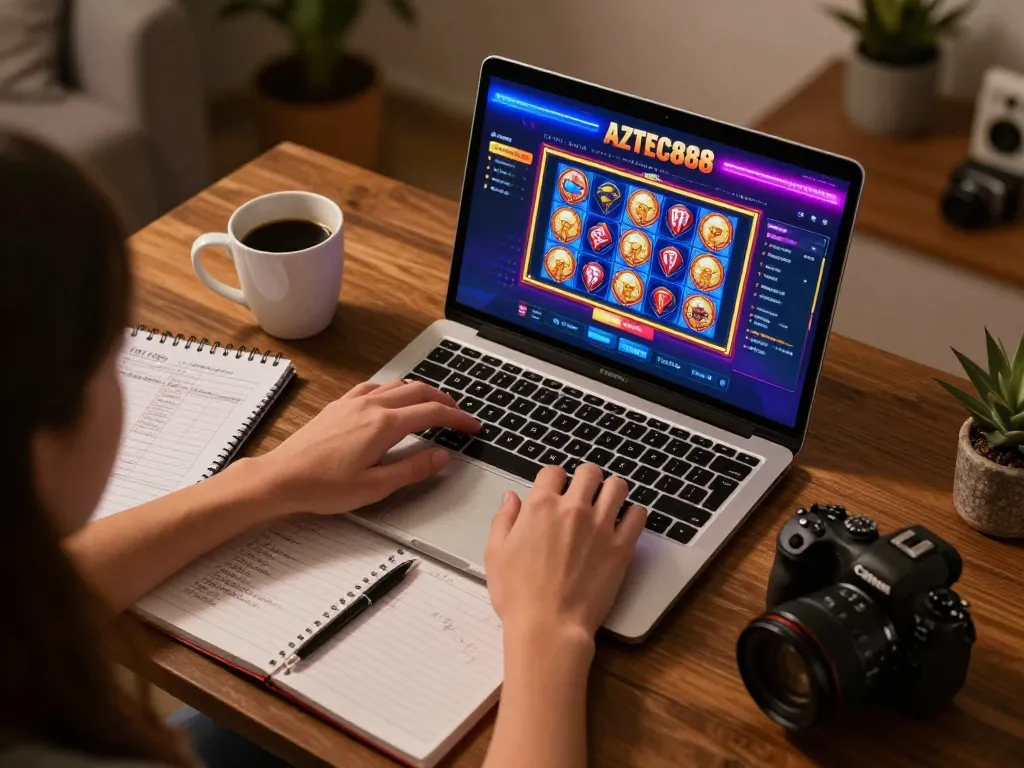 Player engaging with AZTEC888 online casino game on laptop, showcasing colorful interface and responsible gaming setup.