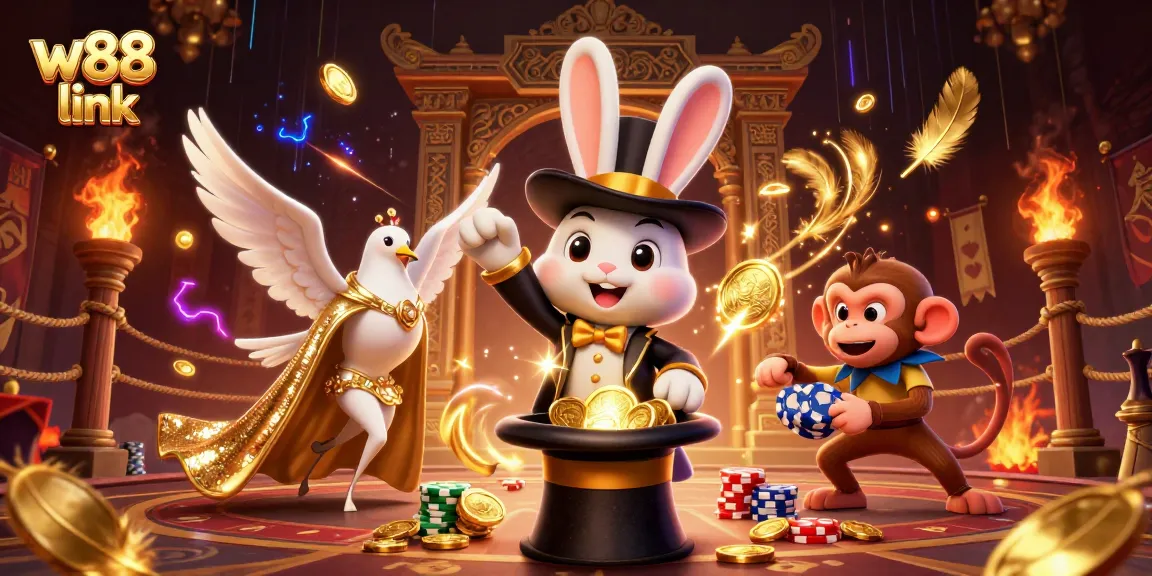 Engage with exciting casino adventures through the w88 link, showcasing a magician, dove, and monkey in a vibrant scene.