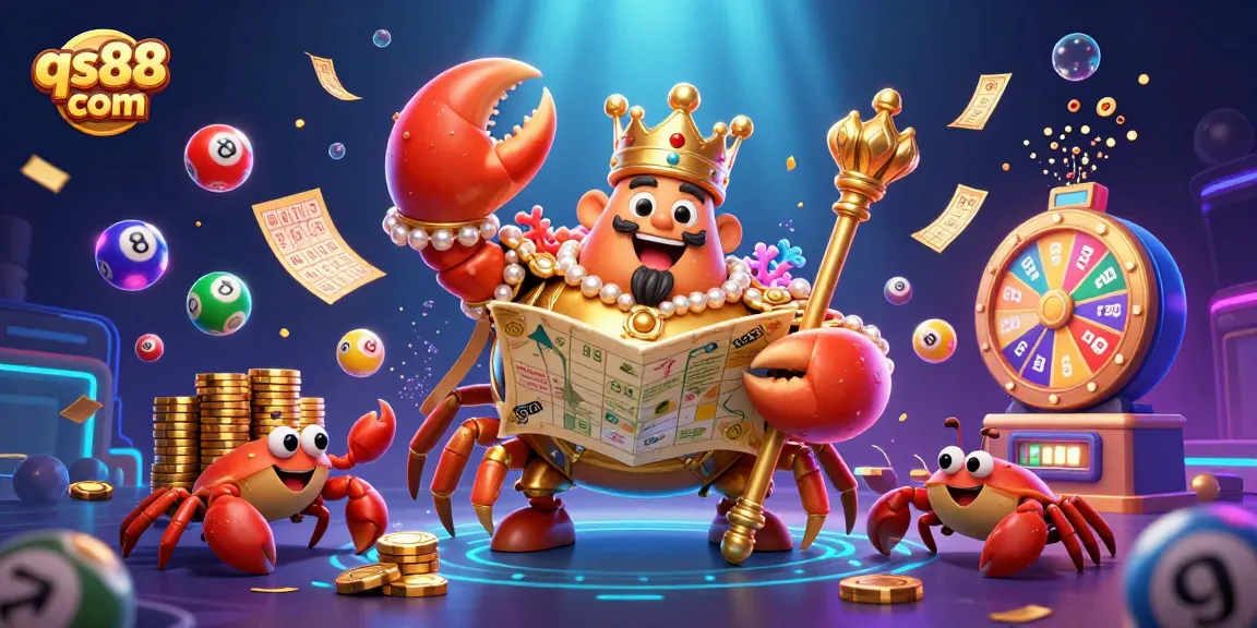 Engage with qs88 com's dynamic lottery scene featuring colorful balls and a golden crab character.
