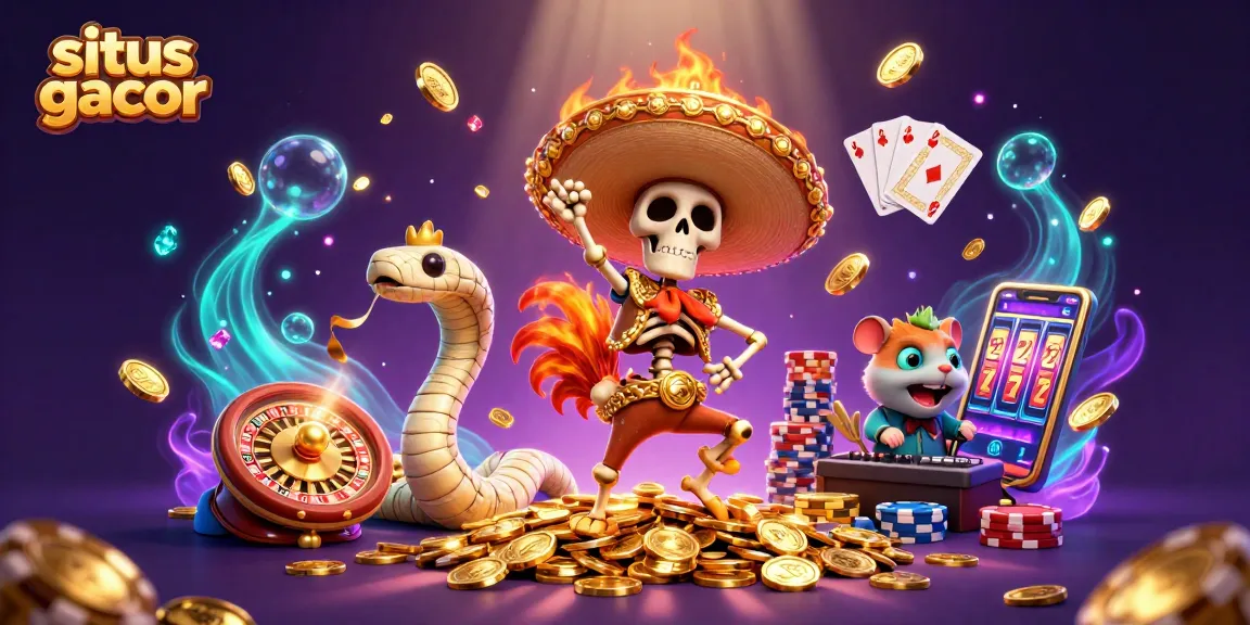 Experience the excitement of situs gacor with a lively 3D illustration featuring a mariachi rooster and casino elements.
