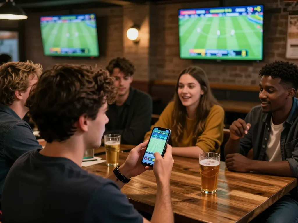 Dự đoán kết quả bóng đá hôm nay in a lively sports bar, fans engaged in live betting with excitement.
