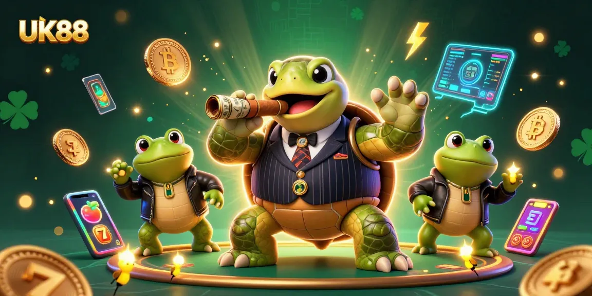 Engage with UK88's thrilling slots featuring a vintage mobster turtle and lucky symbols in action.