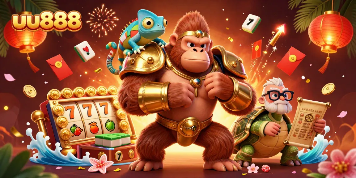Spin the reels at uu888 with a powerful gorilla king, chameleon, and tortoise in action!
