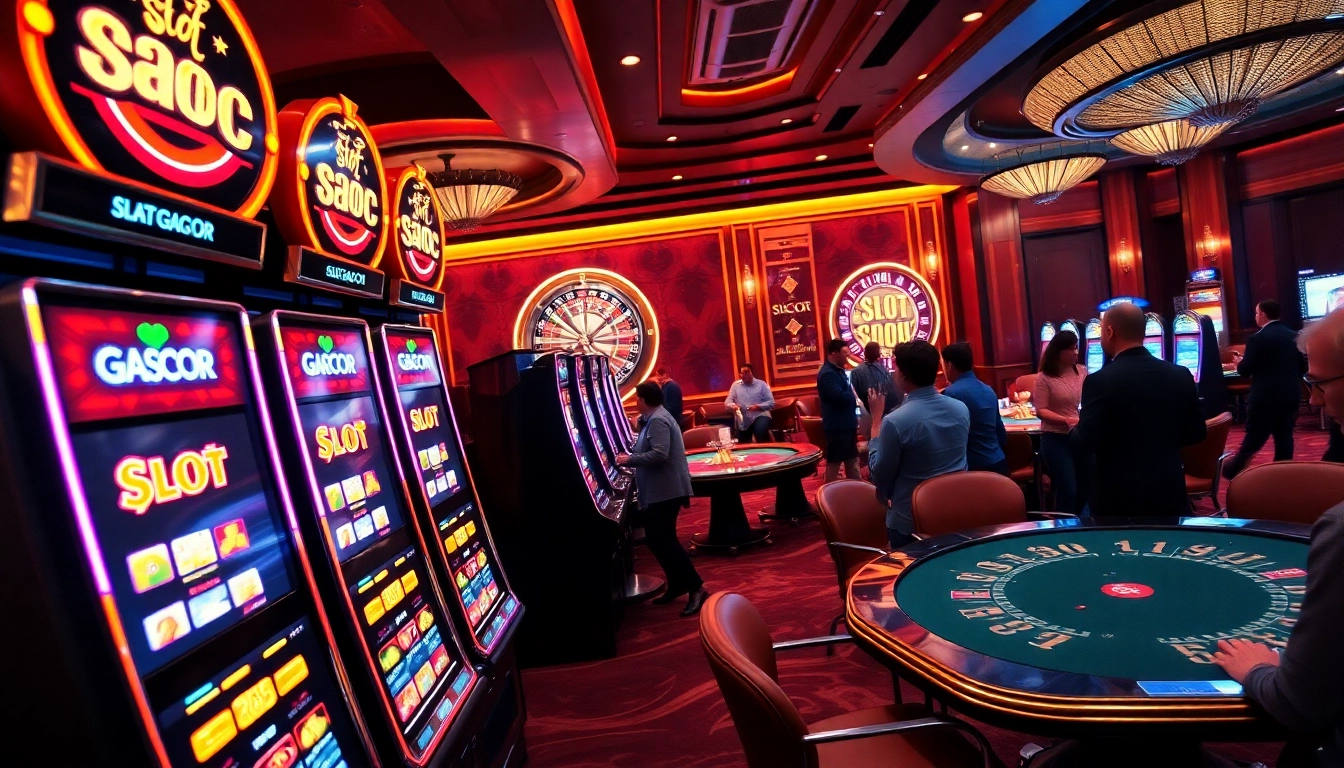 Excited players engaging with slot gacor machines in a vibrant casino atmosphere.