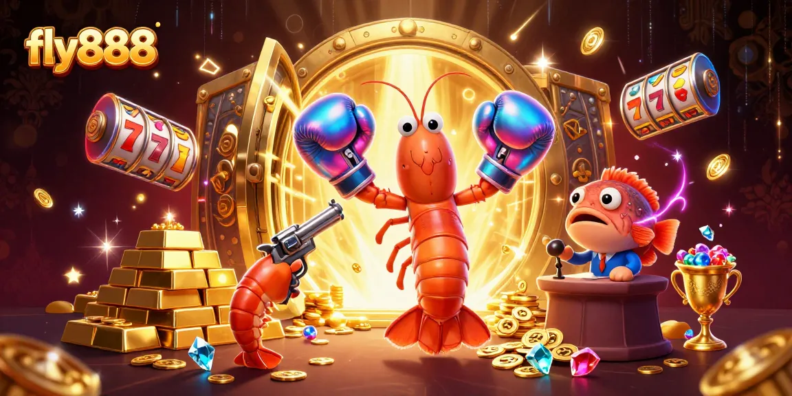 Feel the excitement at fly888 with vibrant casino action and treasures galore in this colorful 3D illustration.