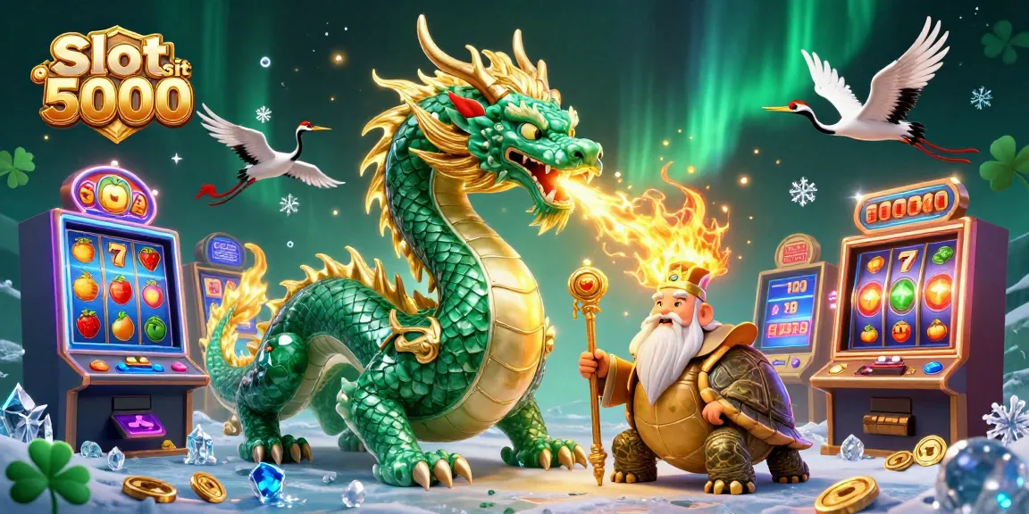 Spin and win with Slot deposit 5000 featuring a jade dragon and vibrant slot machines!