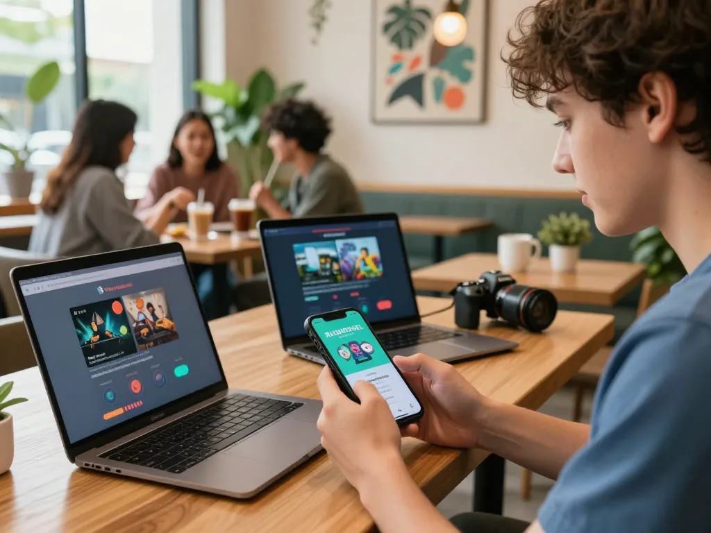 Young adult using RUSUNTOGEL app on smartphone in a lively café setting, showcasing mobile gaming.