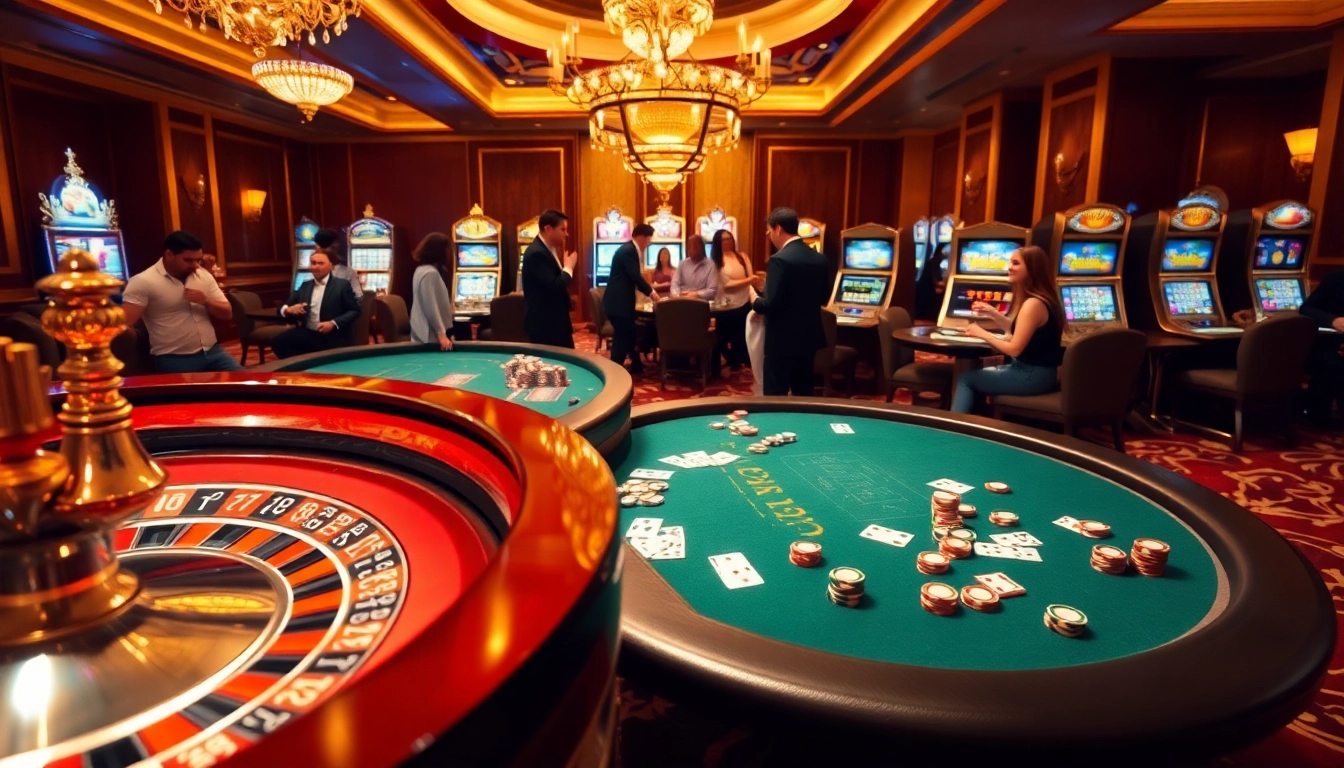 A lively casino scene at https://bem88i.com/ with players engaged in intense games of roulette and poker.