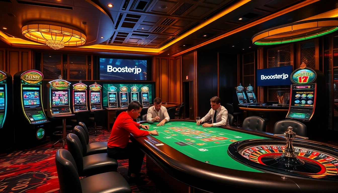 Engage with exhilarating games featuring Boosterjp at a luxury casino with dynamic slot machines and poker action.