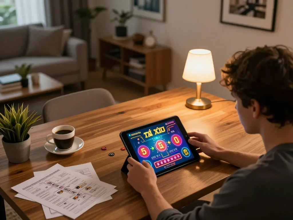 Tài xỉu online gameplay on tablet showcasing a dynamic gaming experience with strategy notes.