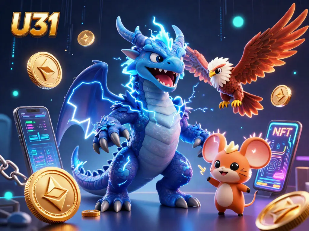 Play thrilling games at U31, featuring a dynamic dragon amidst neon cryptocurrencies and rich casino elements.