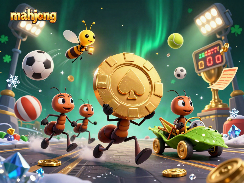 Engage in thrilling mahjong action as cartoon ants heist a giant poker chip amidst sports chaos.