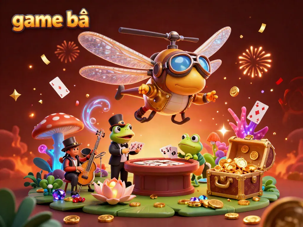 Experience the excitement of game bài with a dazzling 3D illustration of a dragonfly pilot and frog croupier surrounded by vibrant casino elements.