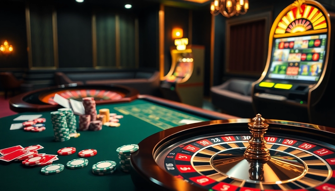 Experience the thrilling atmosphere of gambling at https://kkwin.diy/, showcasing a luxurious casino table with vibrant poker chips and roulette.