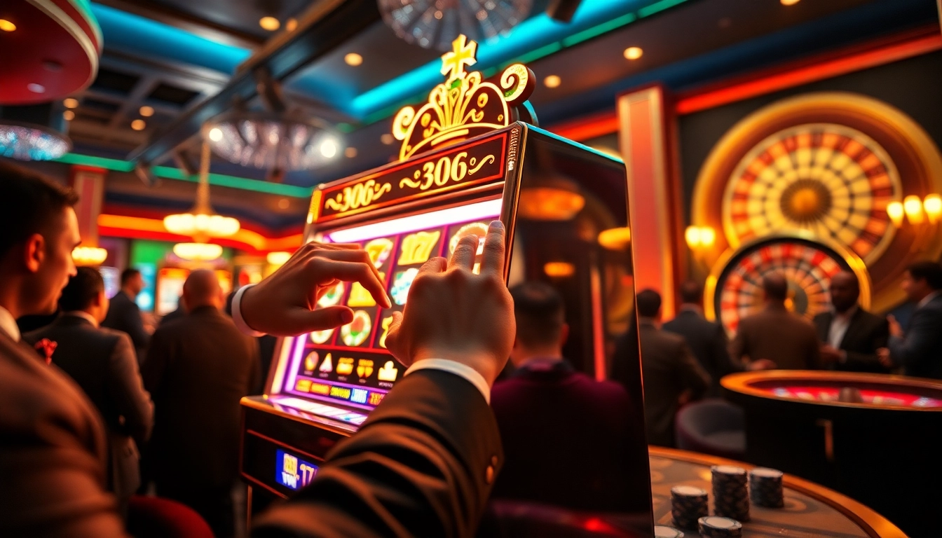 A player engaging with a slot machine at winstrike69 casino, showcasing excitement and colorful gaming elements.