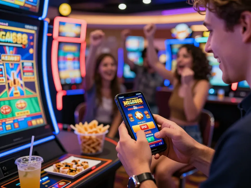 Player enjoying free credit mega888 promotions on mobile app in lively casino atmosphere.