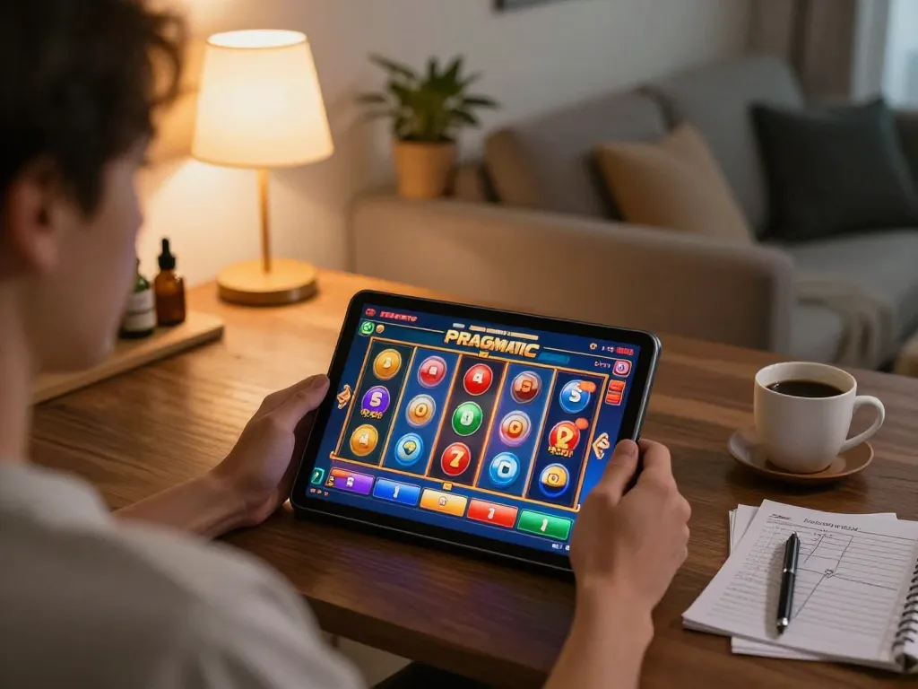 Engaging in a Demo Slot Pragmatic game on a tablet in a cozy home setting with colorful visuals.