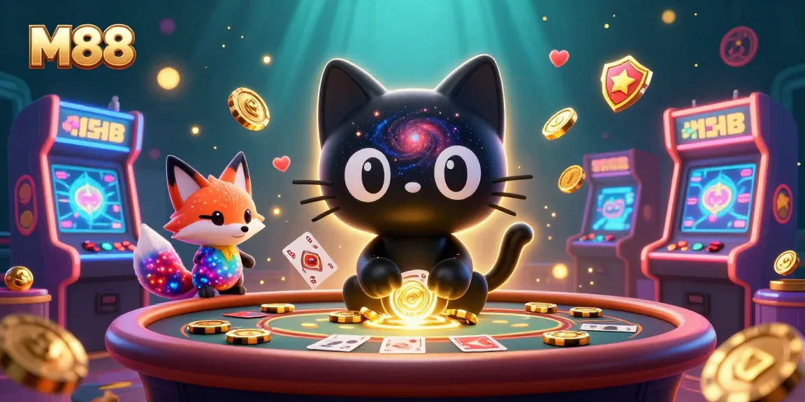 M88 captivates players with a cosmic casino adventure, drawing in golden chips and cards amidst vibrant gaming elements.