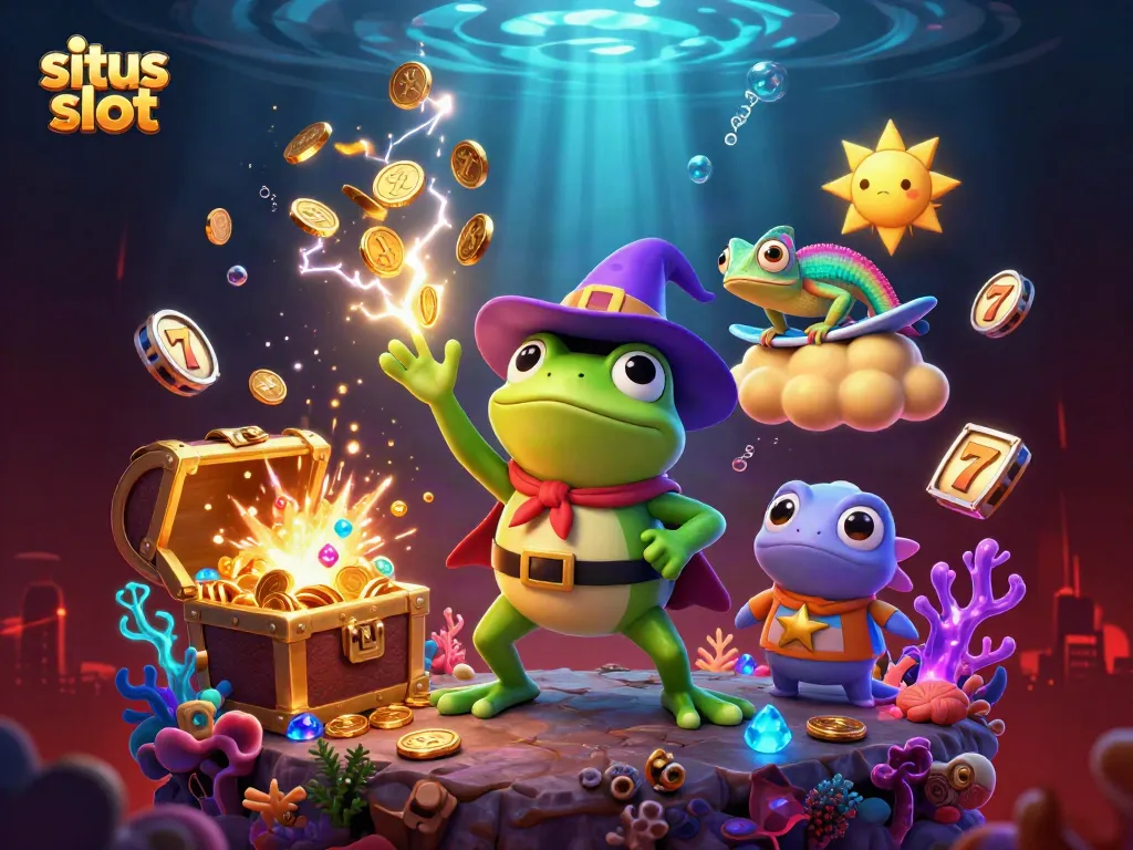 Gali jackpot di situs slot dengan wizard frog dan chameleon berwarna-warni dalam ilustrasi 3D