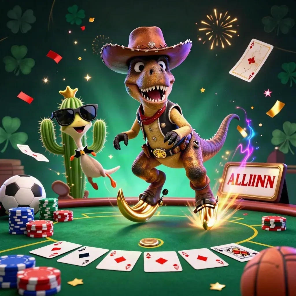 Cowboy T-Rex, cactus, and roadrunner amid casino chips, cards, and flying sports balls in neon glow.