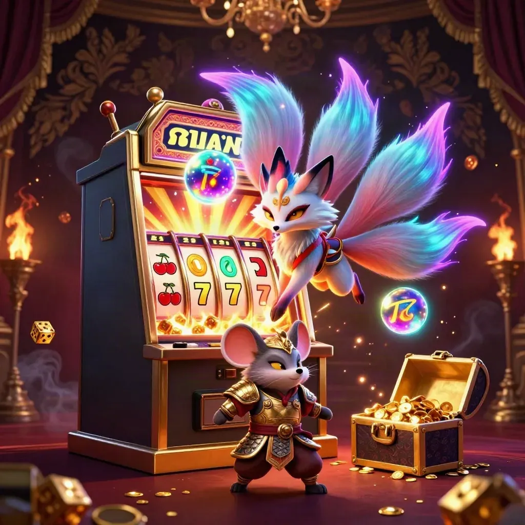Fox spirit and armored mouse amid exploding slot machine treasure in neon casino light.