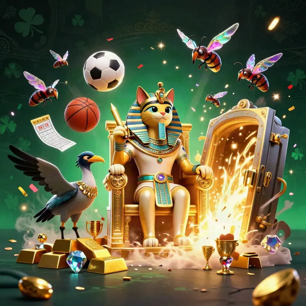 Pharaoh cat on gold throne with ibis scribe, scarabs, vault glow, flying balls and gold.