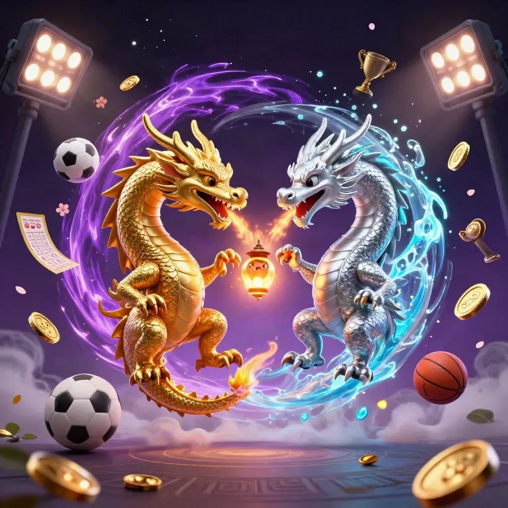 Gold and silver dragons spiral around sports balls, coins and a tiny lantern spirit in neon glow.