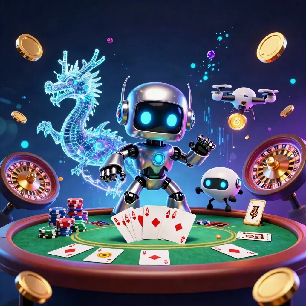 Cyberpunk robot, holographic dragon, and drone over a glowing casino table