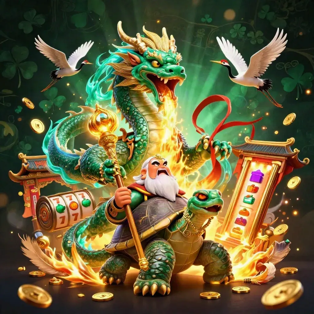 Emerald dragon, turtle sage, and cranes amid gold fire, coins, temple gates, and casino sparks.