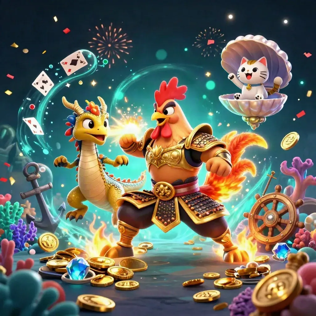 Rooster warrior, dragon hatchling and fortune cat amid teal treasure bursts