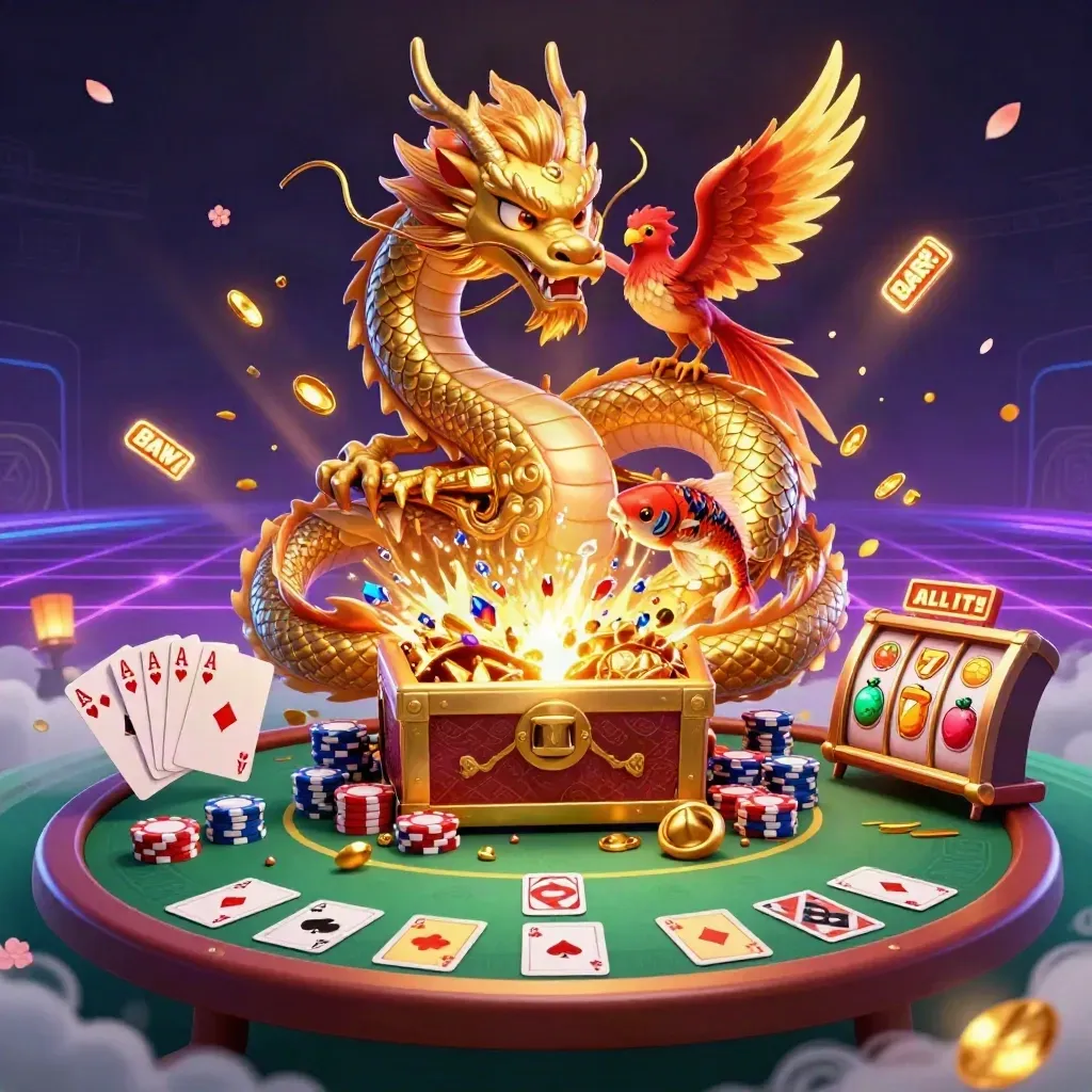 Golden dragon, phoenix, and koi amid casino chips, cards, neon reels, and treasure bursts.